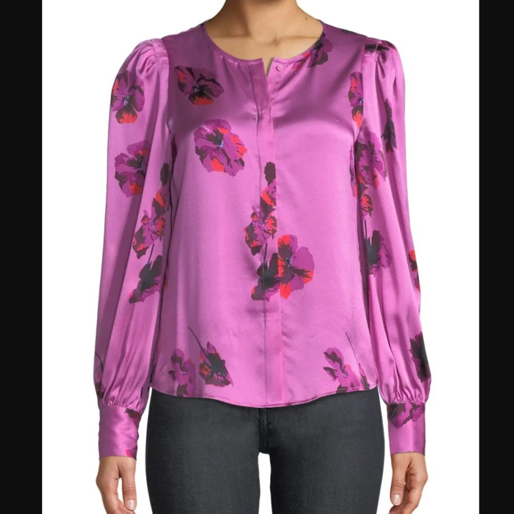 JOIE orchid pink purple Antonela long sleeve floral print satin top